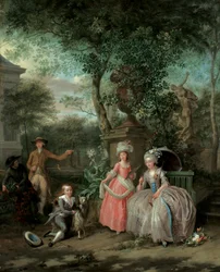 Ritratto di gruppo di una famiglia in un giardino ornamentale, 1791