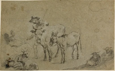 Mandriano con mucca, asino e pecora