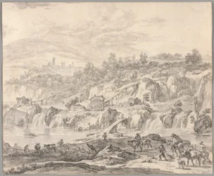 Paesaggio con cascate e ponti, contadini in primo piano