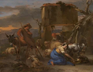 Scena pastorale con una pastorella che munge una capra
