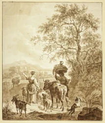 Pastorella e contadino con gregge in paesaggio italianeggiante