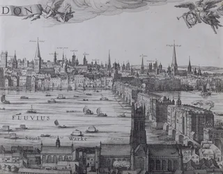 Panorama di Londra e del Tamigi, parte tre che mostra Southwark, London Bridge e le chiese della Città, c.1600
