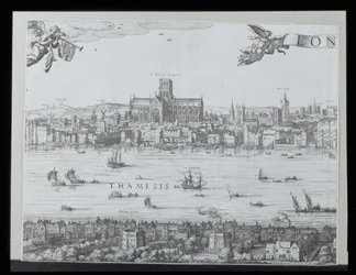 Panorama di Londra e del Tamigi, parte due che mostra la Cattedrale di St. Paul e il Globe Theatre, c. 1600