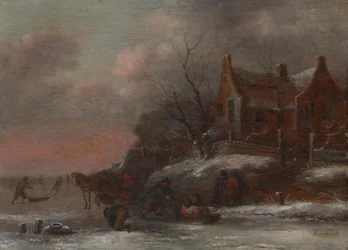 Un paesaggio invernale con figure che slittano su un fiume ghiacciato