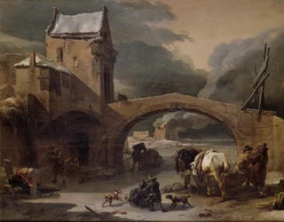 Paesaggio invernale con contadini e cavalli su un canale ghiacciato vicino a un ponte fortificato, c.1660-70