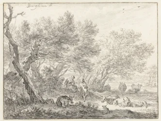 Pastori e bestiame vicino a un gruppo di alberi