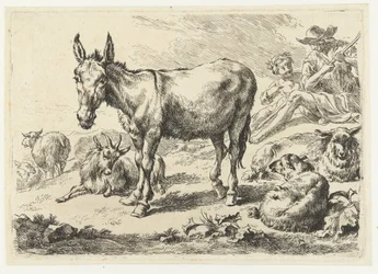 Paesaggio con asino, pecore, capra e pastori