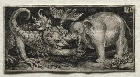 Elefante che combatte due bestie, 1594