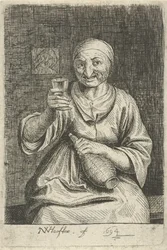 Vecchia donna con bicchiere e brocca