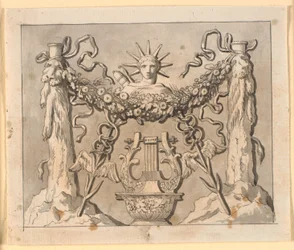 Composizione decorativa con colonne di Ercole, testa di Apollo e vari attributi