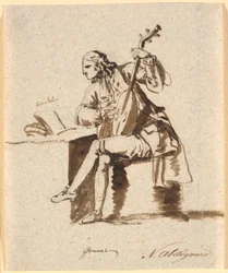 Il poeta inglese Gower seduto con un liuto a un tavolo, su cui è aperto Erodoto