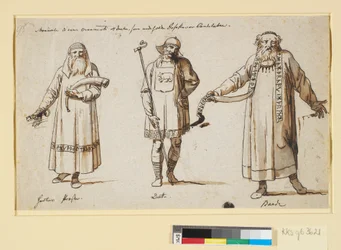 Studi di costumi. Probabilmente per il teatro. Tre figure, un sacerdote di Herta, un re e un bardo
