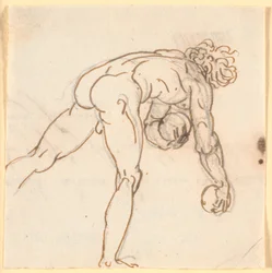 Un uomo nudo che corre (giocatore di birilli?) con pietre nelle mani, visto di spalle