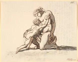 Una madre nuda inginocchiata con il suo bambino