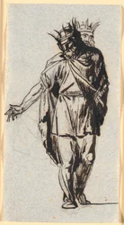 Figura di un re nordico antico (?) in piedi con corona sulla testa