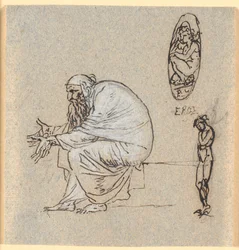 Un vecchio barbuto seduto di profilo a sinistra con mani tese. Accanto una figura di Eros in un ovale e un giovane uomo nudo in piedi