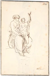 Una giovane donna seduta con un bambino nudo in piedi che alza un braccio