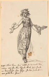 Frigga, camminando, con un paio di falchi sulle braccia tese. Alcune righe con le note dell
