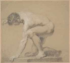 Modello mezzo inginocchiato. Ginocchio destro appoggiato su un cuscino. Braccio destro sollevato dietro la testa. Braccio sinistro appoggiato
