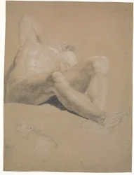 Modella semi-sdraiata. Braccio destro piegato e mano nascosta sotto la testa. Gamba sinistra piegata. Gamba destra quasi distesa. In basso a sinistra testa di uomo. Profilo verso sinistra