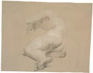 Modello semi-sdraiato su un cuscino. Verso sinistra. La testa poggia sul braccio destro, sostenuta da un plinto. Braccio sinistro sopra la testa. Gambe piegate al ginocchio. Gamba sinistra sopra la destra