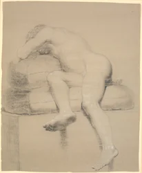 Modello maschile sdraiato, visto in scorcio dai piedi