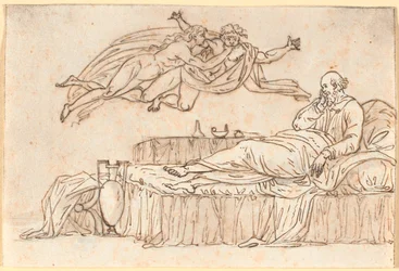 Socrate riposante sul suo letto; in aria due "daimon" fluttuanti