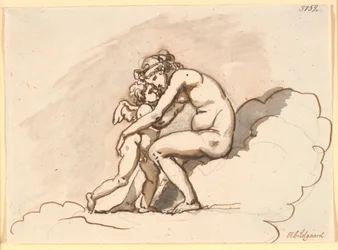 Venere, seduta tra le nuvole, abbraccia Amore