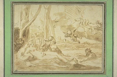 Giove e Antiope (penna e inchiostro marrone, lavaggio marrone, tracce di pietra nera)