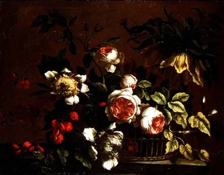 Rose, peonie e altri fiori su un bordo