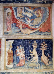 Tenda della Rivelazione: n. 33, un drago incarna il diavolo davanti a una donna che sta per partorire n. 39 calze: Giovanni guarda una folla stupita dal potere delle barbabietole. 1373-1383. Realizzato da Nicolas Bataille. Angers, museo degli arazzi