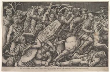 Soldati romani che combattono contro i Daci, scena di battaglia in profondità ridotta con cavalli, 1553