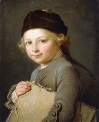 Ritratto di un giovane ragazzo, a mezzo busto, con cappotto e berretto grigi