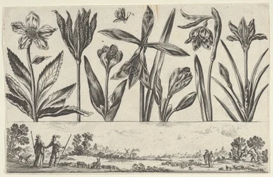 Pannello orizzontale con una fila di fiori sopra un fregio con figure in un paesaggio