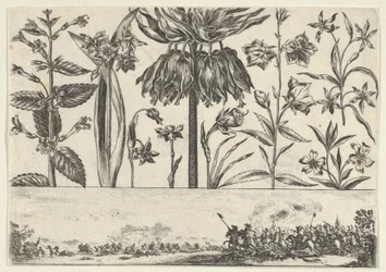 Pannello orizzontale con una fila di fiori sopra un fregio con una scena di battaglia in un paesaggio