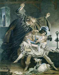 Esmeralda, Phoebus e Claude Frollo (Notre-Dame de Paris) di Victor Hugo. Illustrazione di Nicolas Eustache Maurin, 1799-1850. Collezione privata