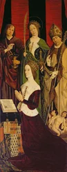 Trittico di Mosè e il Roveto Ardente, pannello destro che raffigura Jeanne de Laval con San Giovanni, Santa Caterina e San Nicola