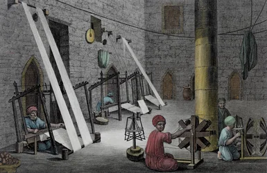 Interno di un laboratorio di tessitura, da Volume II Arti e Mestieri di 