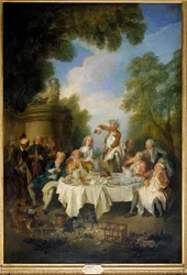 La scena del prosciutto. Pranzo di un banchetto di campagna intorno a un prosciutto nella nobiltà. Dipinto di Nicolas Lancret (1690-1743) 1735. Chantilly, museo Condé