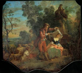 Il pastore indiscreto Scena bucolica che raffigura un giovane pastore che solleva il velo sotto il quale una giovane pastorella dorme. Dipinto di Nicolas Lancret (1690-1743). XVIII secolo Dim. 0,84 x 0,95 m. Tours, Museo delle Belle Arti
