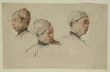 Tre studi della testa di un uomo nero con turbante