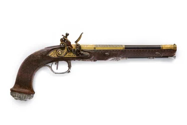 Una delle due pistole a pietra focaia rigate con montatura in argento, Versailles, 1825
