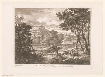 Paesaggio montano con figure presso un fiume