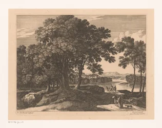 Paesaggio con alberi e viaggiatori lungo un fiume