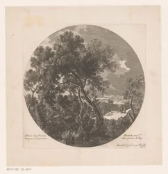 Paesaggio con alberi e due pastori con gregge