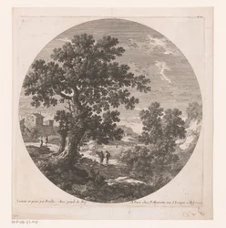 Paesaggio con albero e passeggiatori