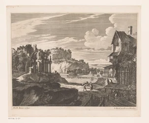 Paesaggio con case e rovine lungo il fiume