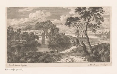 Paesaggio fluviale con ponte a due archi