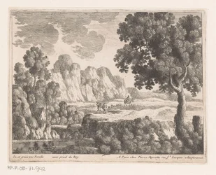 Pianura in paesaggio collinare con figure