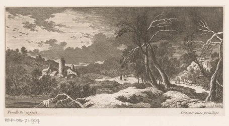 Paesaggio invernale con case e torre